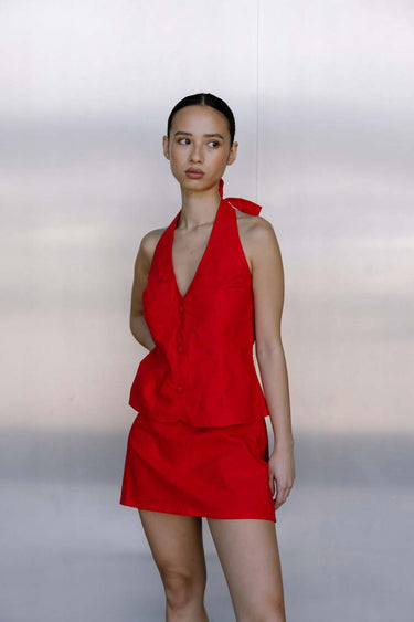 BISK THE LABEL RUE RED LINEN BLEND HALTER VEST - STUDIO JO STORE